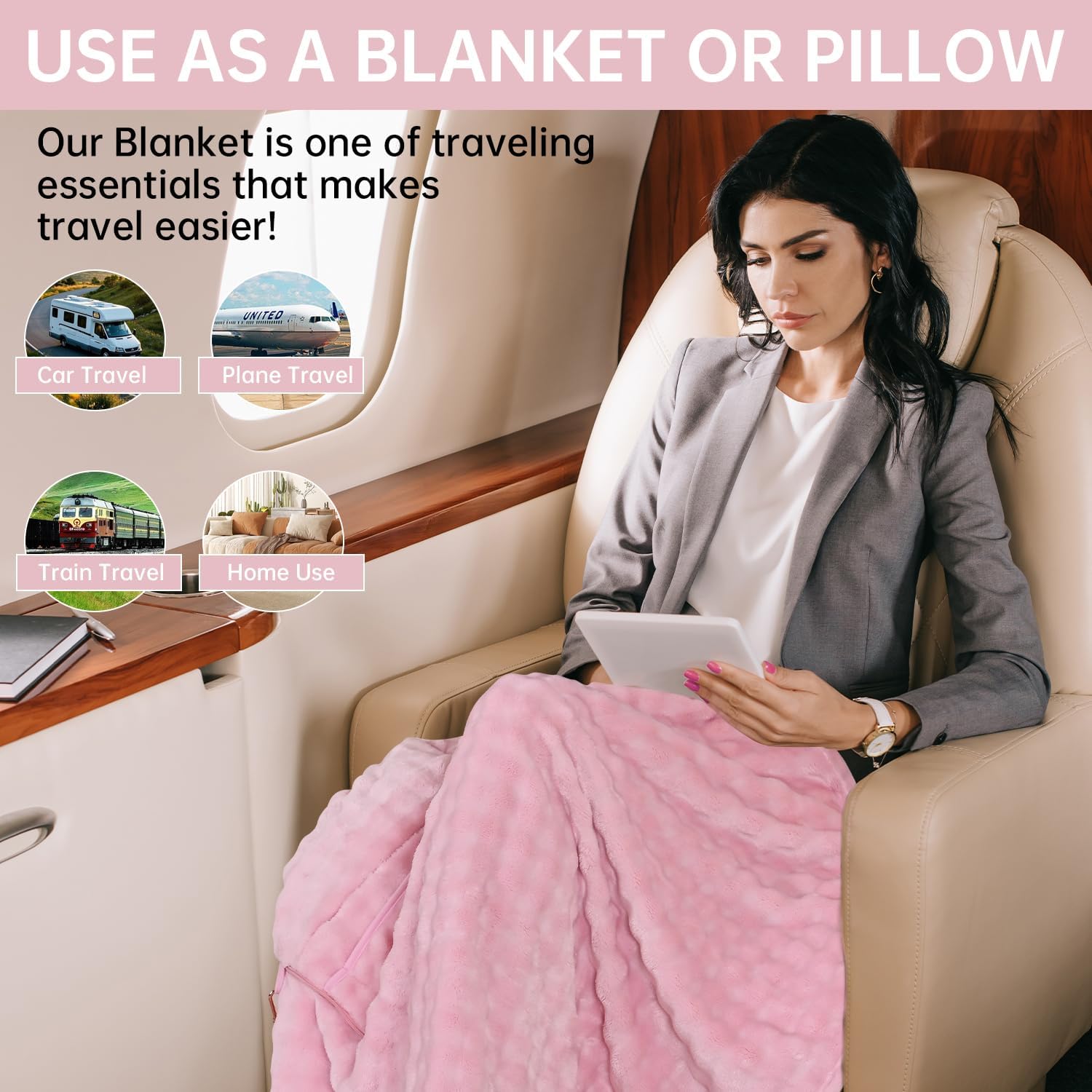 Travel Blanket and Pillow-2-in-1, Ultra-Soft&Compact, One-Piece Airplane Blanket with Hand Luggage Belt and Backpack Clip,Travelers Accessories Gifts, 61x43 Inches (Pink) - Image 2