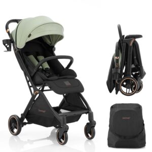Gravity Folding Baby Stroller - Portable Travel Toddler Stroller w/Adjustable Backrest, Canopy & Cup Holder, Lightweight and UV Protected, One-Hand Automatic Folding - Green