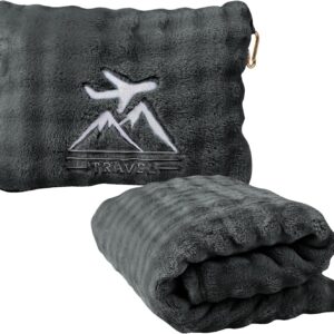 Travel Blanket and Pillow-2-in-1, Ultra-Soft&Compact, One-Piece Airplane Blanket with Hand Luggage Belt and Backpack Clip,Travelers Accessories Gifts, 61x43 Inches (Dark Grey)