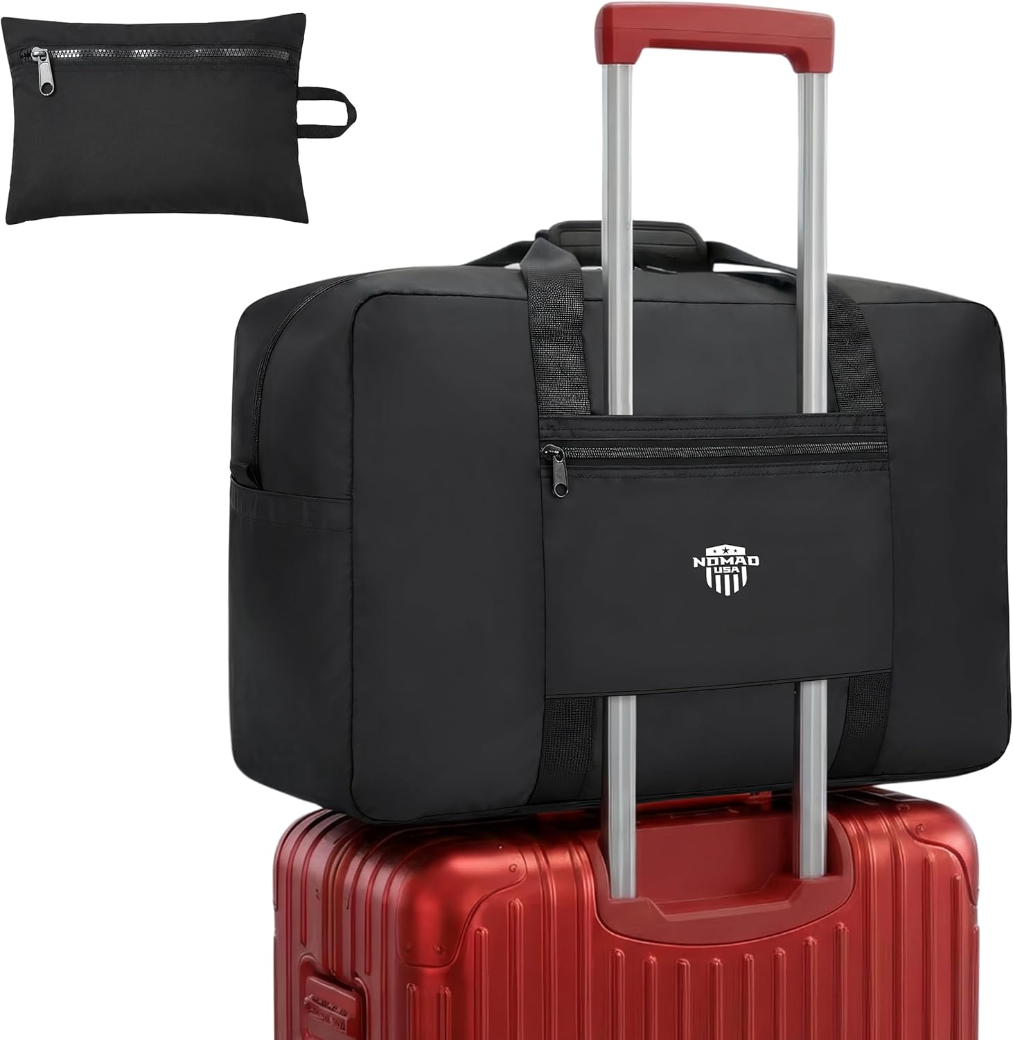 Nomad USA Foldable Travel Bag, Ultra Compact, Lightweight Duffle Bag, Reflective, Features Side Mesh Pockets with Quick-Disconnect D-Ring (Black, 40L)