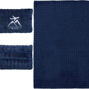 Travel Blanket and Pillow-2-in-1, Ultra-Soft&Compact,Airplane Blanket with Hand Luggage Belt and Backpack Clip,Travelers Accessories Gifts, 61x43 Inches（Navy）