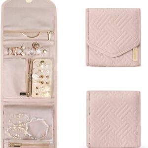 BAGSMART Travel Jewelry Organizer Case Foldable Small Jewelry Roll for Journey Rings, Necklaces, Earrings, Bracelets,Mini,Soft Pink
