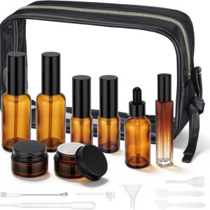 Segbeauty 8pcs Amber Travel Toiletry Containers with Clear Bag, Refillable Travel Skincare Containers Spray Dropper Bottle Perfume Atomizer, Lotion Container Jar Empty Amber Glass Creams Pump Bottle