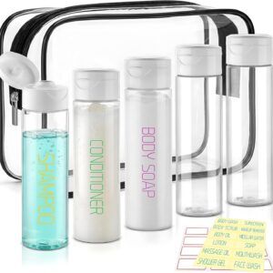 Cosywell Travel Bottles for Toiletries 5 Pack 3.4oz Pre-Printed Travel Size Containers TSA Approved Toiletry Bottles Wide Mouth Leak Proof Squeeze Bottle for Lotion Toothpaste(Clear)