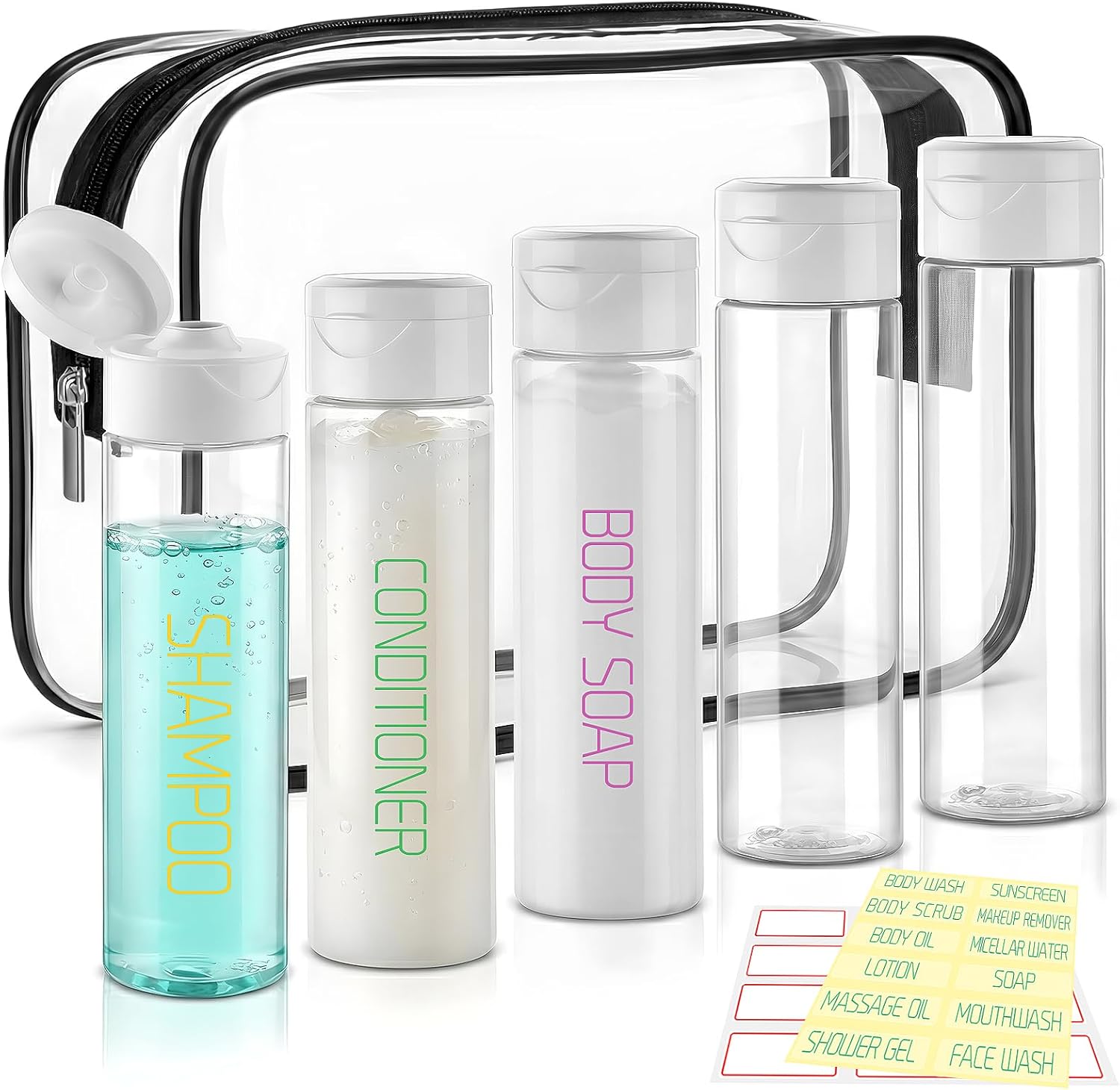 Cosywell Travel Bottles for Toiletries 5 Pack 3.4oz Pre-Printed Travel Size Containers TSA Approved Toiletry Bottles Wide Mouth Leak Proof Squeeze Bottle for Lotion Toothpaste(Clear)