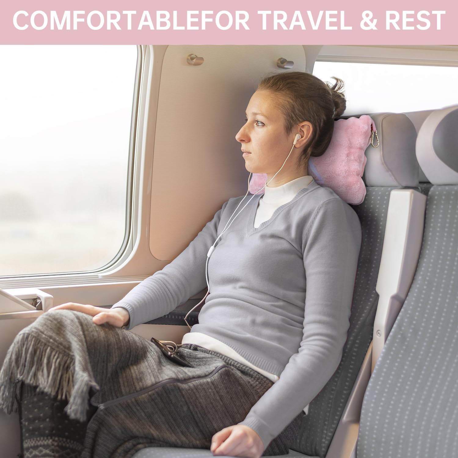 Travel Blanket and Pillow-2-in-1, Ultra-Soft&Compact, One-Piece Airplane Blanket with Hand Luggage Belt and Backpack Clip,Travelers Accessories Gifts, 61x43 Inches (Pink) - Image 3