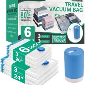 Cozy Essential 6 Pack Travel Vacuum Storage Bags with Rechargeable Wireless Electric Pump for Luggage, Suitcase, Carry-on Size Vacuum Seal Compression Space Saver Bags for Clothes and Clothing Travel