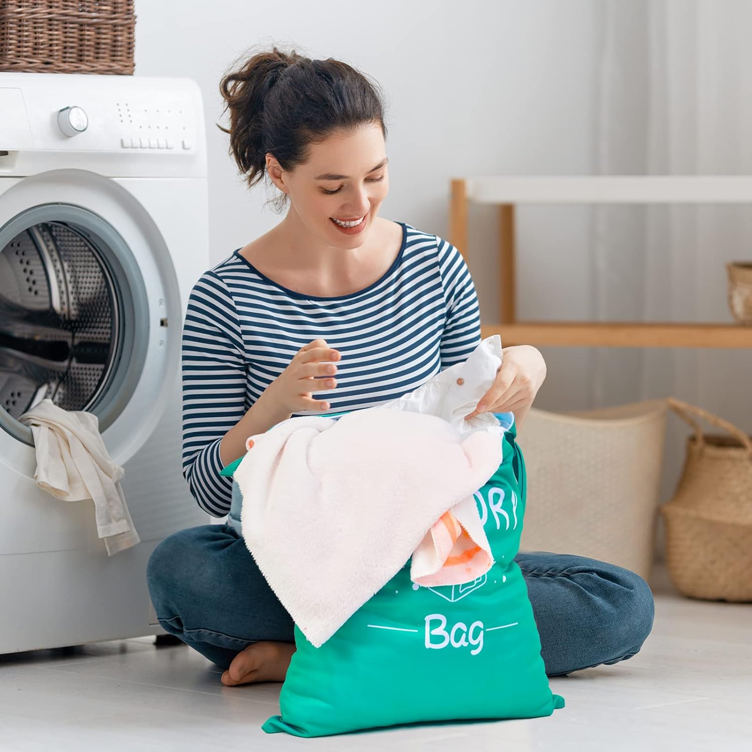 2 Pcs Large Travel Laundry Bags - Waterproof Wet/Dry, Washable, Drawstring, Bathing Suit, Workout, Gym Clothes, Swimming, Yoga - Green, Grey - Image 3