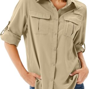Women's UPF 50 Long Sleeve Sun Protection Shirts Safari Fishing Hiking
