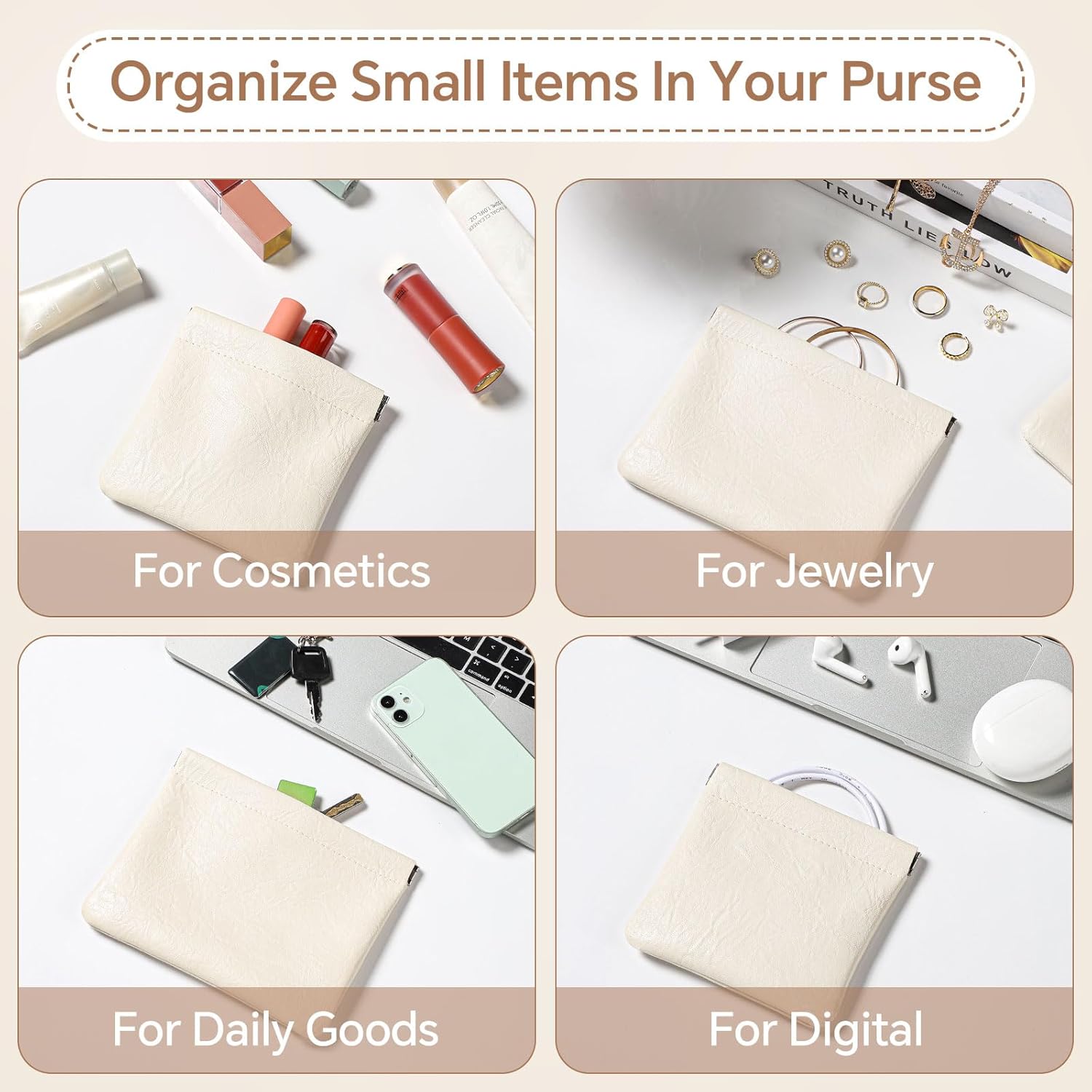 Sightor 2 PCS Small Makeup Bag for Women, Small Pouches for Purse Mini Cosmetic Bag Waterproof Pouch Travel Storage Bag for Cosmetics Headphones Jewelry Coins (Beige) - Image 6