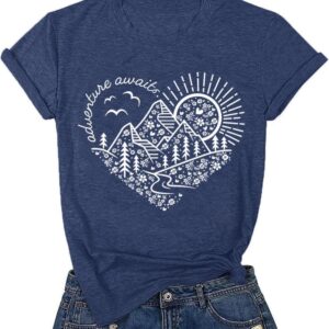 Women Adventure Awaits Outdoor Graphic Tee Shirt Kindness Heart Printed Hike Mountain Nature Travel Shirt Workout Tops