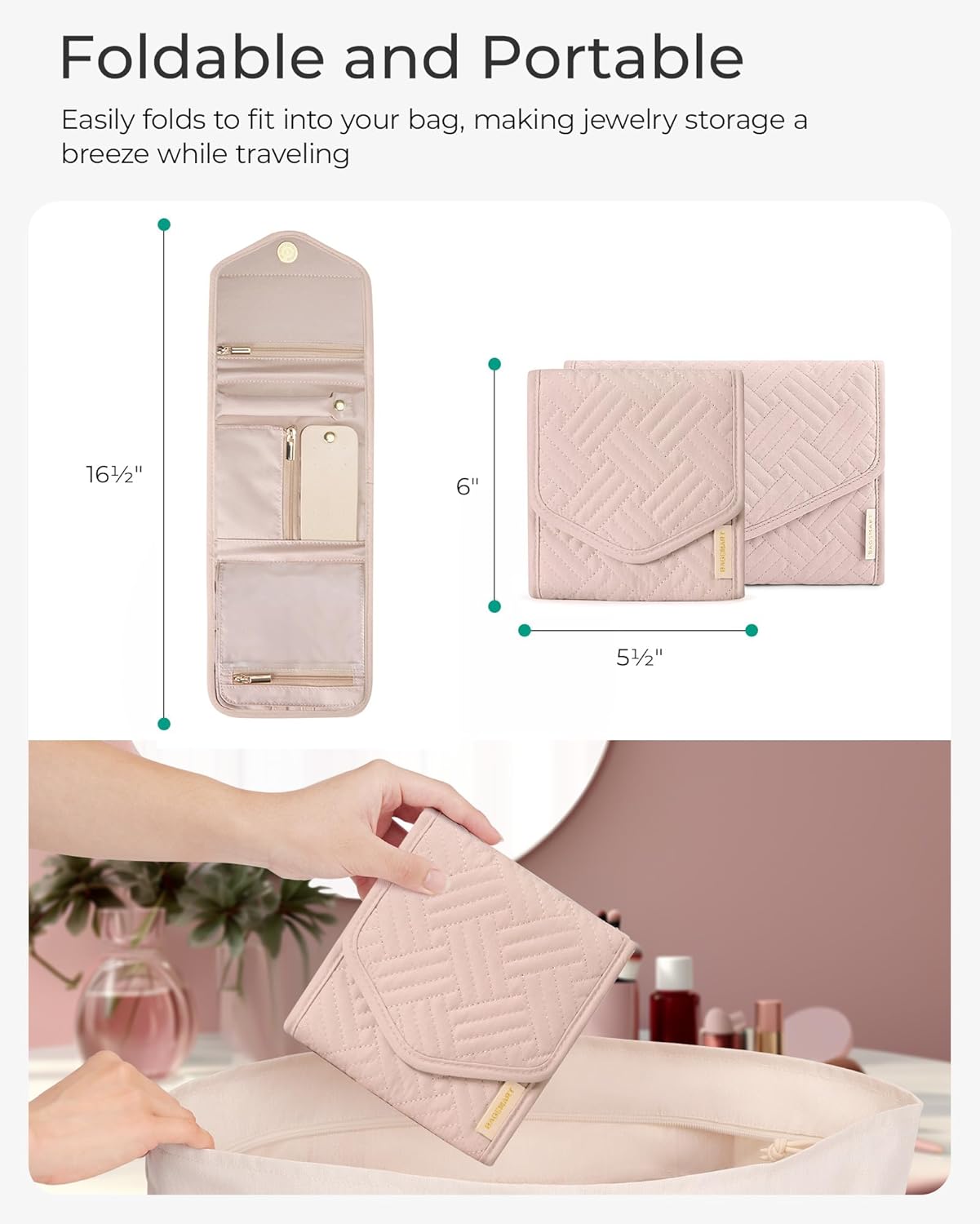 BAGSMART Travel Jewelry Organizer Case Foldable Small Jewelry Roll for Journey Rings, Necklaces, Earrings, Bracelets,Mini,Soft Pink - Image 6