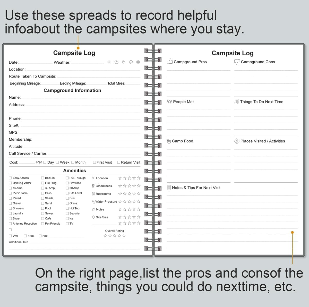 Heveboik Camping Journal and RV Travel Log Book - A5 Outdoor Camp & Adventure Journal for 25 Camping, Hiking Journal, Family Travel Books Camper Essentials Camping, 5.8" x 8.5", Grey - Image 3