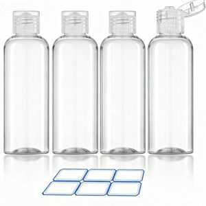 4 Pack 3.4 Oz (100ml) TSA Approved Travel Bottles for Toiletries, Leak Proof Plastic Travel Essentials Accessories with Labels | 4 Pack, TSA Approved, for Toiletries, Leak Proof, with Labels