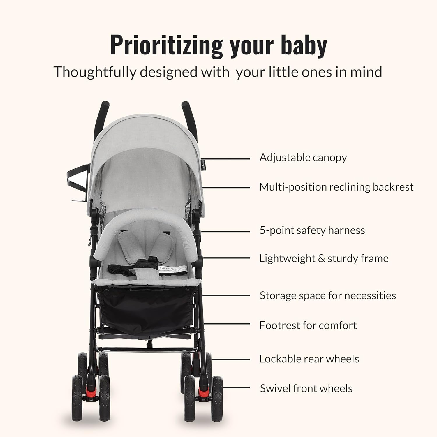 Dream On Me Vista Moonwalk Stroller, Disney Approved Lightweight Stroller for Toddlers and Infants, One-Hand Fold, Reclining Seat, Canopy with Sun Visor, Everyday & Travel Ready - Image 6