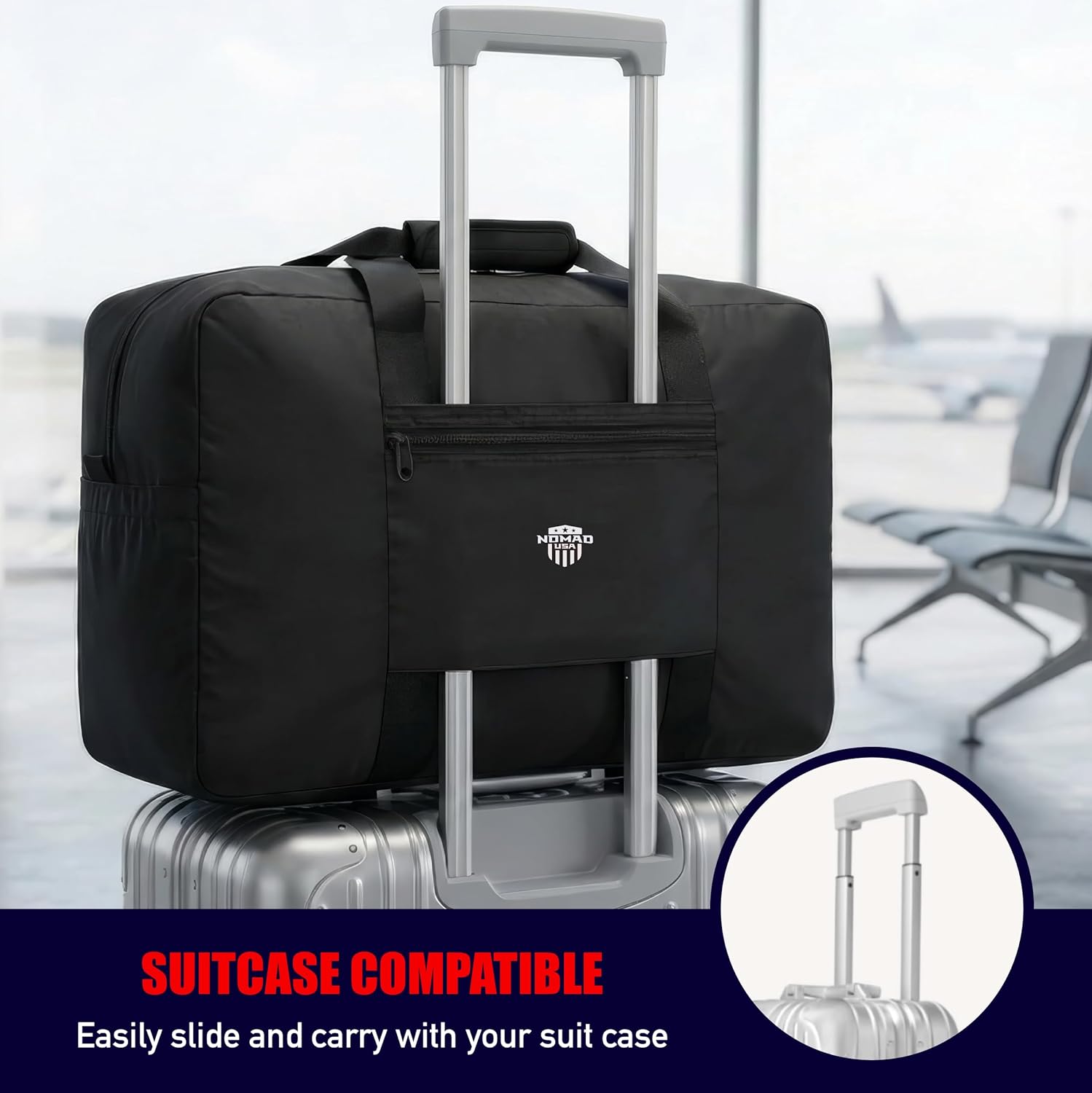 Nomad USA Foldable Travel Bag, Ultra Compact, Lightweight Duffle Bag, Reflective, Features Side Mesh Pockets with Quick-Disconnect D-Ring (Black, 40L) - Image 2