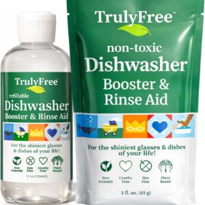 Truly Free Natural Dishwasher Booster & Rinse Aid - Non-Toxic Dishwashing Aid Formula, Removes Residue & Tough Dish Stains, Water Spot Remover - Includes: 1 Reusable Empty 12 oz Bottle & 1 Refill