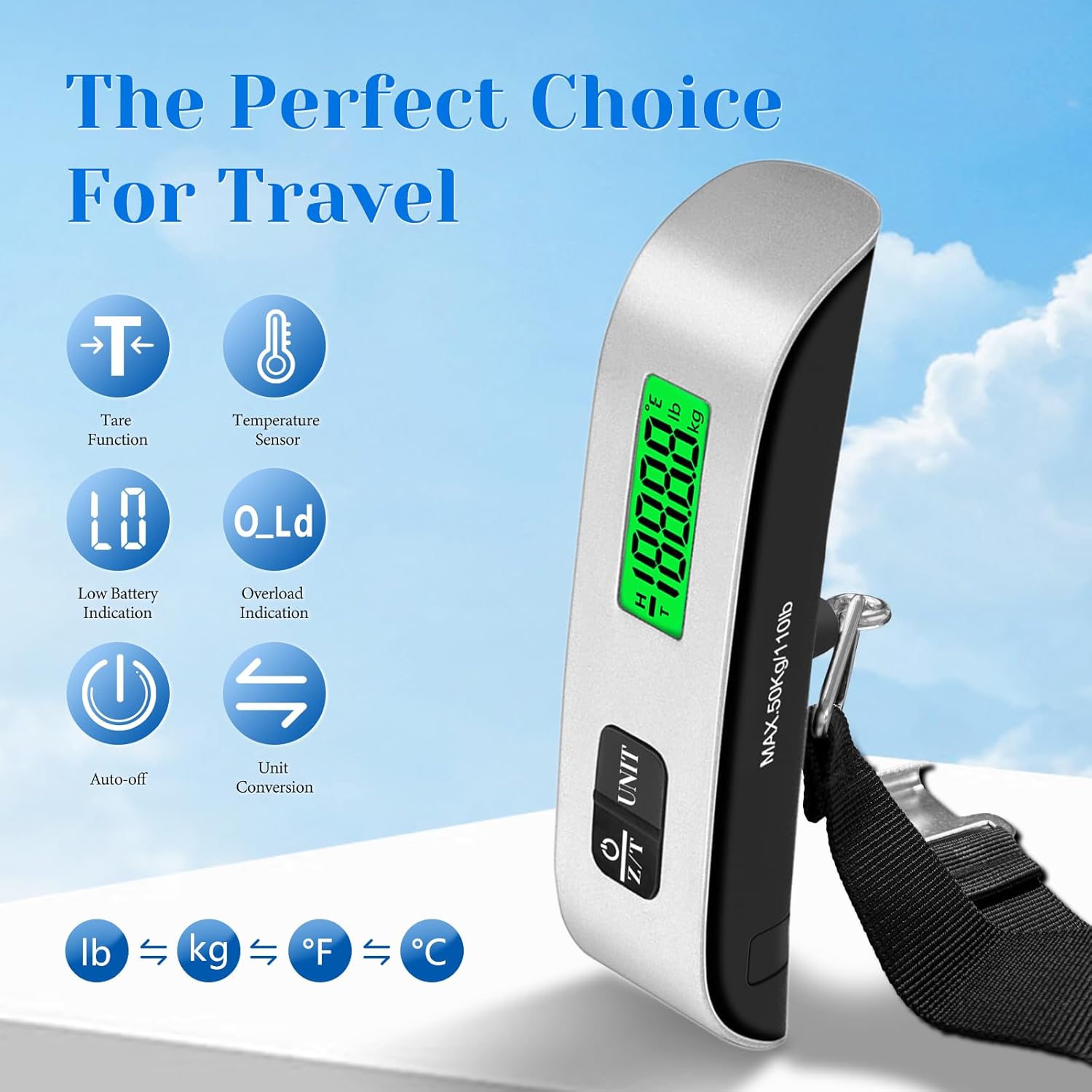 Luggage Scale, 110lb Luggage Weight Scale with 4 Unit Switching Functions&LED Display, Luggage Scale Travel Digital for Weighing Luggage, Backpacks, Packages and Markets - Image 3