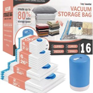 Cozy Essential 16 Pack Travel Vacuum Storage Bags with Rechargeable Wireless Electric Pump for Luggage, Suitcase, Carry-on Size Vacuum Seal Compression Space Saver Bags for Clothes and Clothing Travel