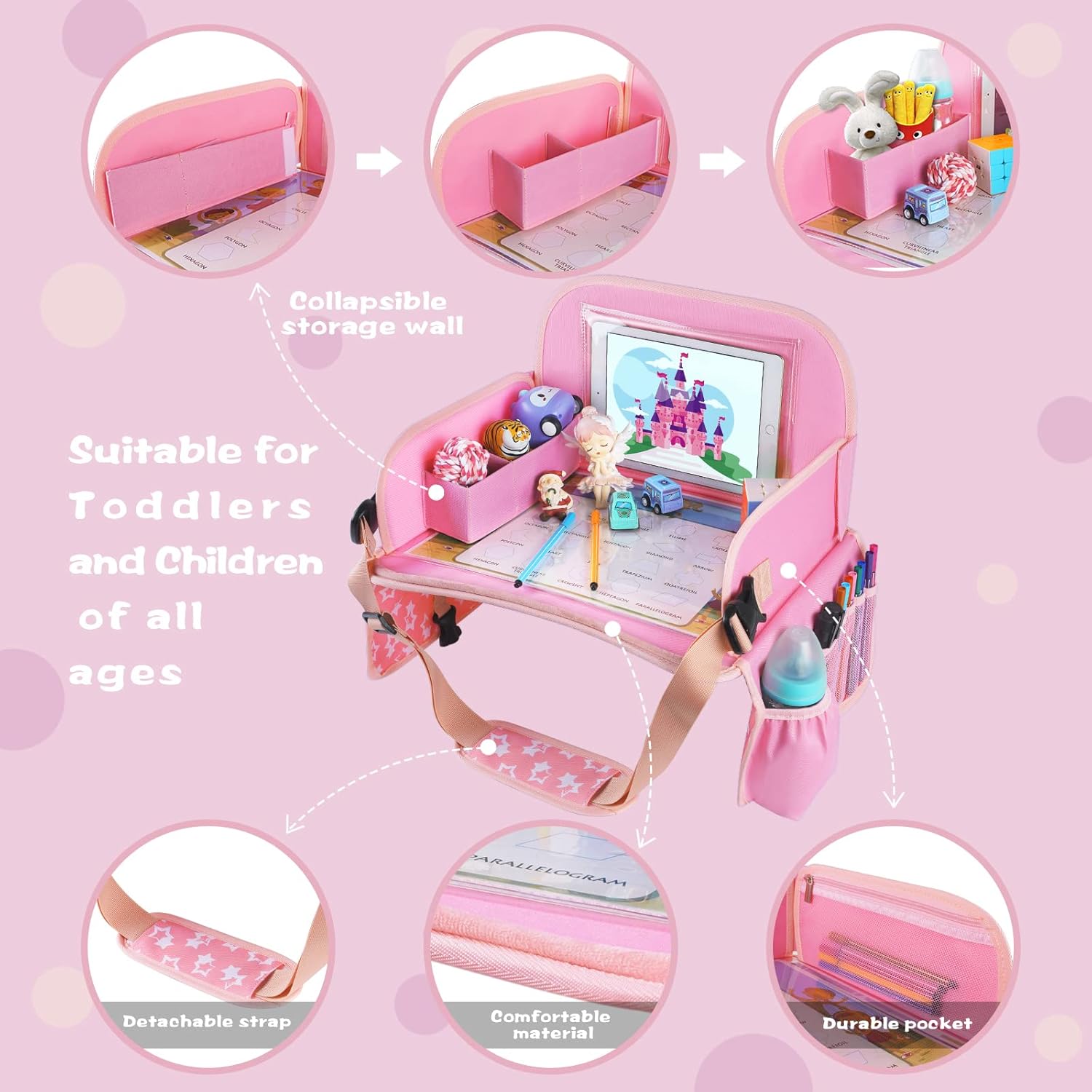 MENZOKE Kids Travel Tray for Toddler Car Seat, Road Trip Activities for Kids with iPad Holder Stand & Dry Erase Board, Road Trip Essentials Accessories Lap Tray as Travel Gifts for Kid, Pink - Image 4