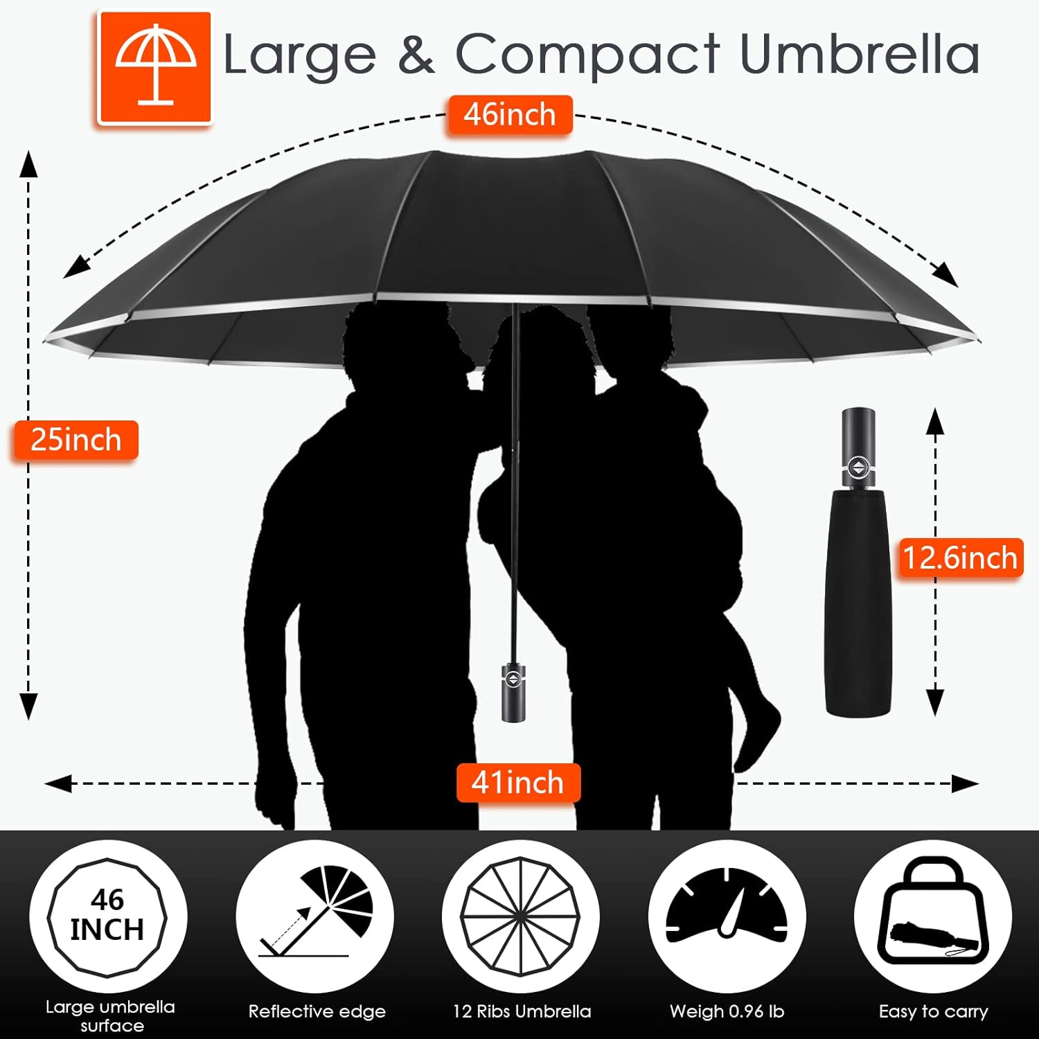 Bodyguard Inverted Umbrella - Large Windproof for Rain & Sun, Compact Reverse With Reflective Stripe, Teflon-Coated for Women Men, Travel Folding With Cover Bag - Image 3
