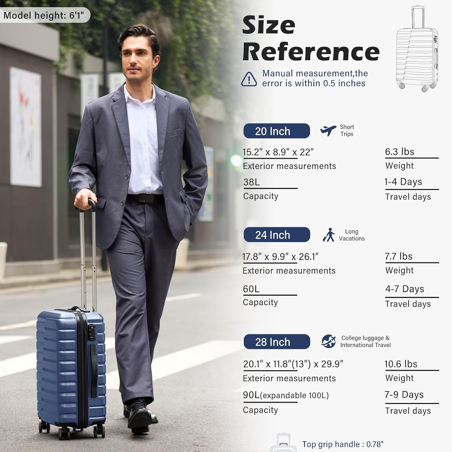 Coolife Carry On Luggage Airline Approved with Wheels Hard Shell Suitcase Spinner TSA Lock Telescopic Handle 20-inch,Blue - Image 9