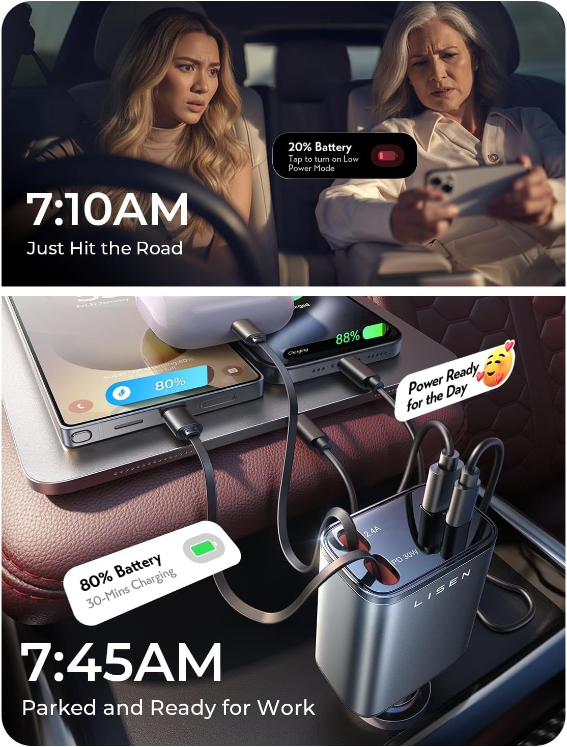 LISEN Retractable Car Charger, 69W Cars Adapter USB C Fast Charger for iPhone 17 Pro Max, Car Accessories for Valentines Day Gifts for him Her Birthday Gifts for Men Women 2026 Tech Gadgets for Men - Image 5