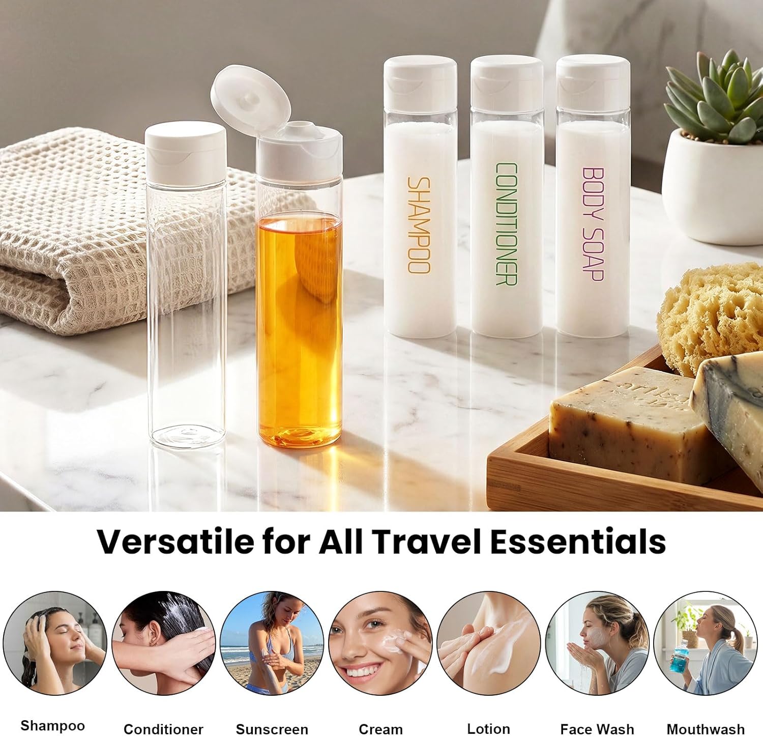 Cosywell Travel Bottles for Toiletries 5 Pack 3.4oz Pre-Printed Travel Size Containers TSA Approved Toiletry Bottles Wide Mouth Leak Proof Squeeze Bottle for Lotion Toothpaste(Clear) - Image 6