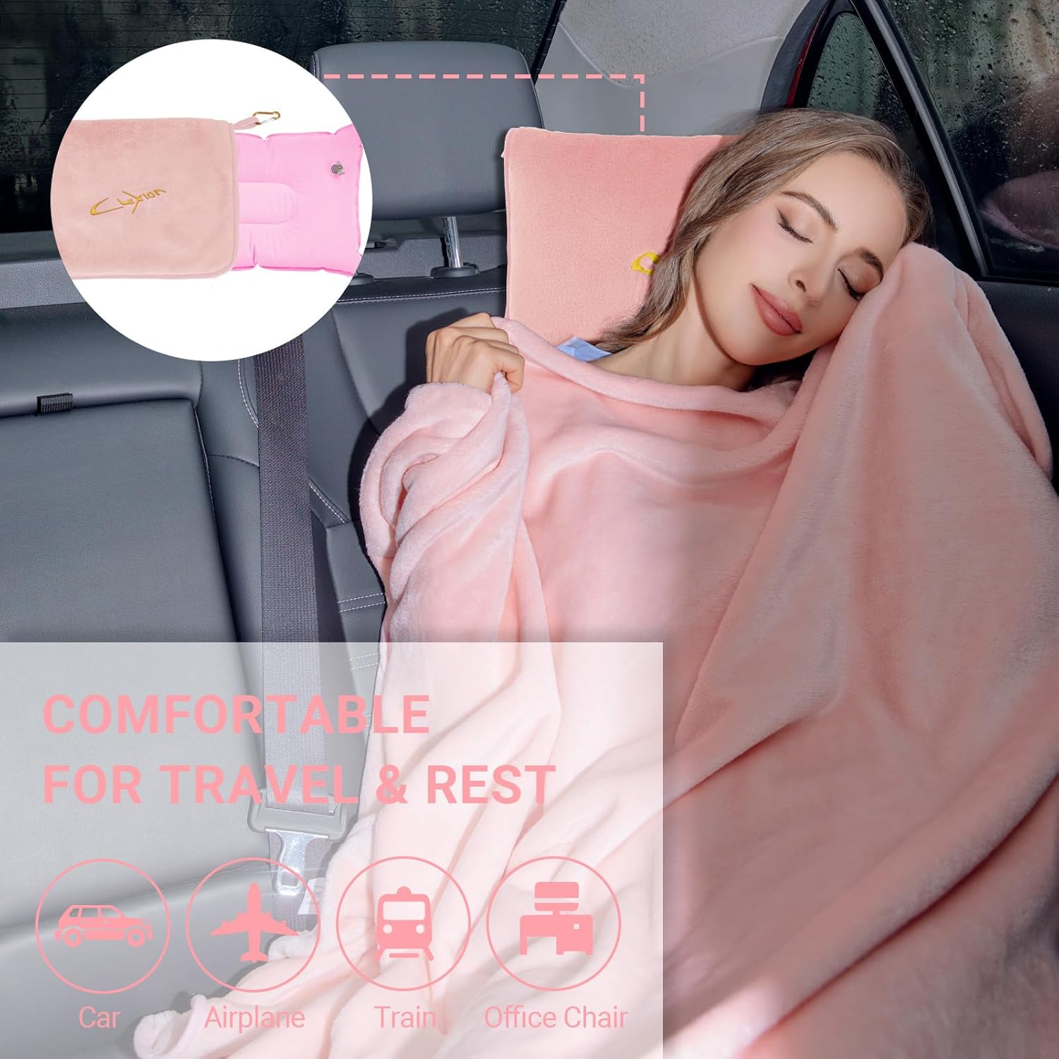 Travel Blanket & Pillow Set, 300 GSM Soft Fleece, 60x43 Inches, 3-in-1 Airplane Blanket, Travel Pillow and Blanket Set, Travel Blanket Airplane Compact with Bag, Travel Essentials, Pink - Image 7