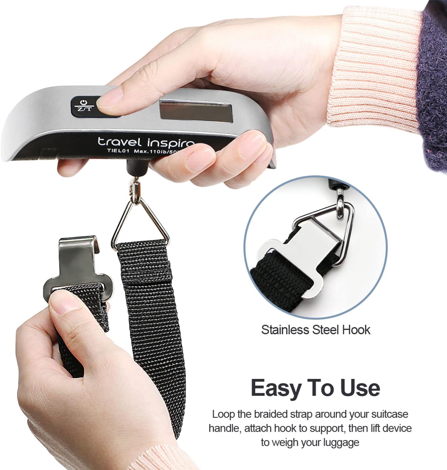 travel inspira Luggage Scale, Portable Digital Hanging Baggage Scale for Travel, Suitcase Weight Scale with Rubber Paint, 110 Pounds, Battery Included - Image 6