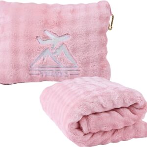 Travel Blanket and Pillow-2-in-1, Ultra-Soft&Compact, One-Piece Airplane Blanket with Hand Luggage Belt and Backpack Clip,Travelers Accessories Gifts, 61x43 Inches (Pink)