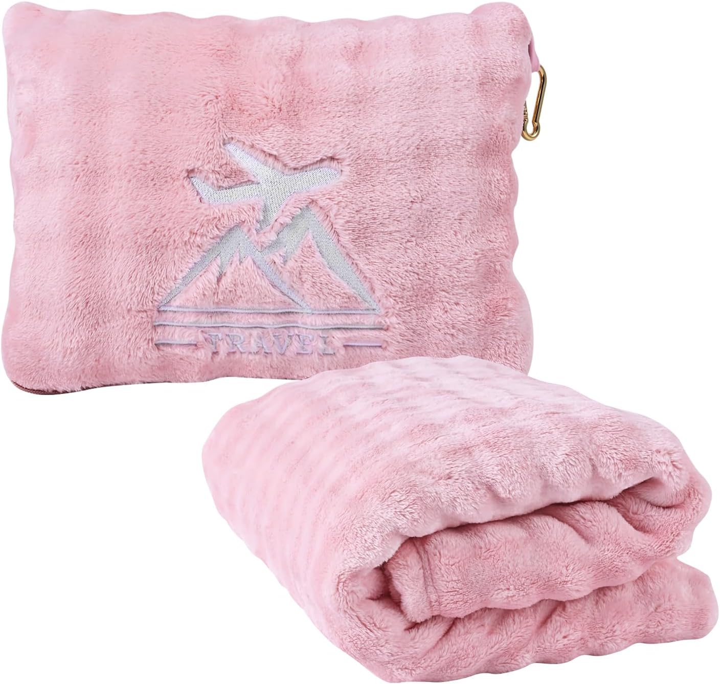 Travel Blanket and Pillow-2-in-1, Ultra-Soft&Compact, One-Piece Airplane Blanket with Hand Luggage Belt and Backpack Clip,Travelers Accessories Gifts, 61x43 Inches (Pink)