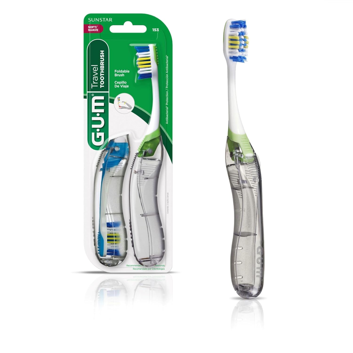 GUM Folding Travel Toothbrush, Compact Head + Tongue Cleaner, Soft Bristled Travel Toothbrushes for Adults, 2 Count