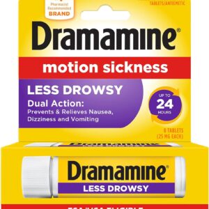 Dramamine Motion Sickness Less Drowsy, Travel Vial, Multicolor, 8 Count