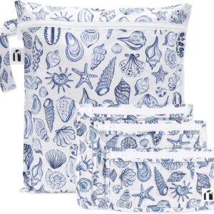 Bumkins Roamio Wet Bag and 3-Pack Clear-Sided Travel Pouches, Waterproof Fabric Organizer for Toiletries, Gym Clothes, Swim Gear, Shoes, Accessories, TSA Compliant Packing Set, Blue Shells 4-pc Set