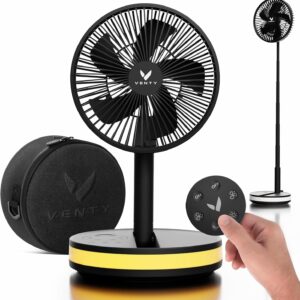 VENTY Portable Fan - Wireless Battery Operated Fan - 4 Speeds - LED Lighting - Carry Case & Remote Control - Cruise Travel - Outdoor Travel RV Power Bank With USB-C Port (Black with Case)