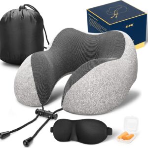 MLVOC Travel Pillow 100% Pure Memory Foam Neck Pillow, Comfortable & Breathable Cover, Machine Washable, Airplane Travel Kit with 3D Sleep Mask, Earplugs, and Luxury Bag,Standard (Grey)