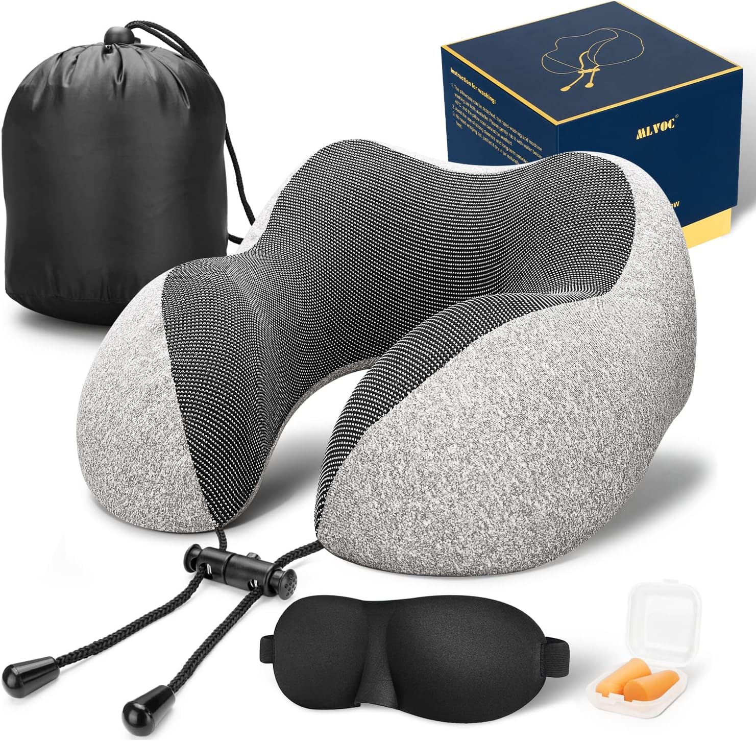 MLVOC Travel Pillow 100% Pure Memory Foam Neck Pillow, Comfortable & Breathable Cover, Machine Washable, Airplane Travel Kit with 3D Sleep Mask, Earplugs, and Luxury Bag,Standard (Grey)