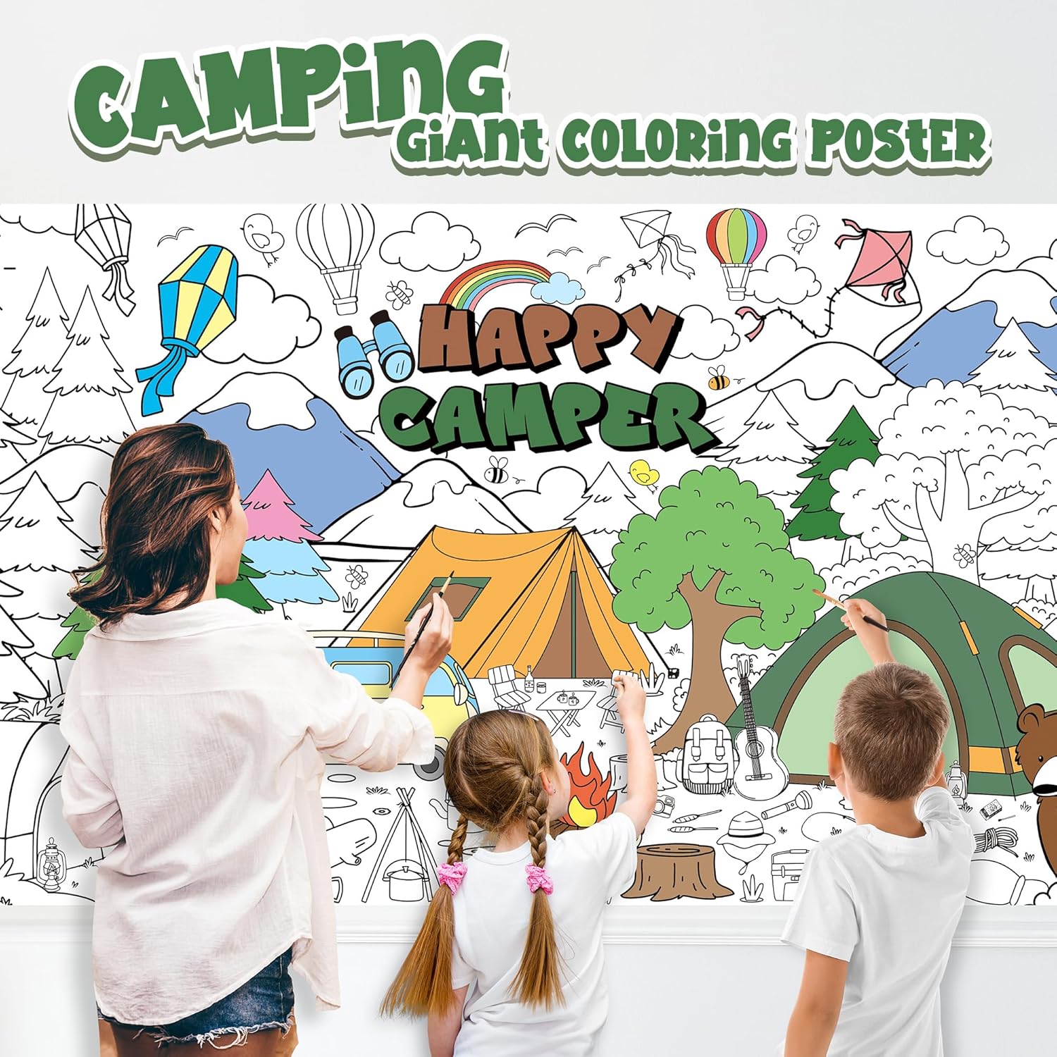 Camping Giant Coloring Poster Happy Camper Tablecloth Outdoor Adventure Travel Hiking Tent Table Cover School Classroom DIY Art Crafts Drawing Activity Birthday Party Game Supplies Wall Decor for Kids - Image 4