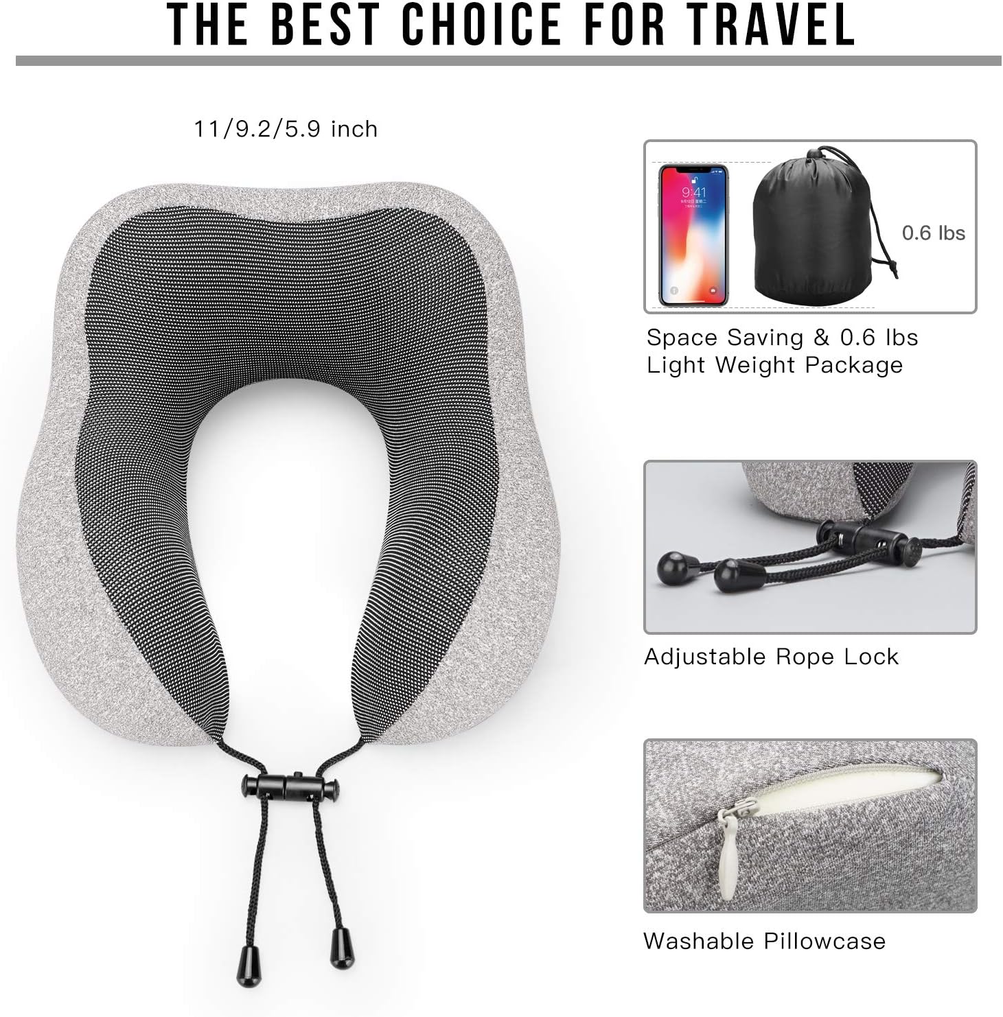 MLVOC Travel Pillow 100% Pure Memory Foam Neck Pillow, Comfortable & Breathable Cover, Machine Washable, Airplane Travel Kit with 3D Sleep Mask, Earplugs, and Luxury Bag,Standard (Grey) - Image 5