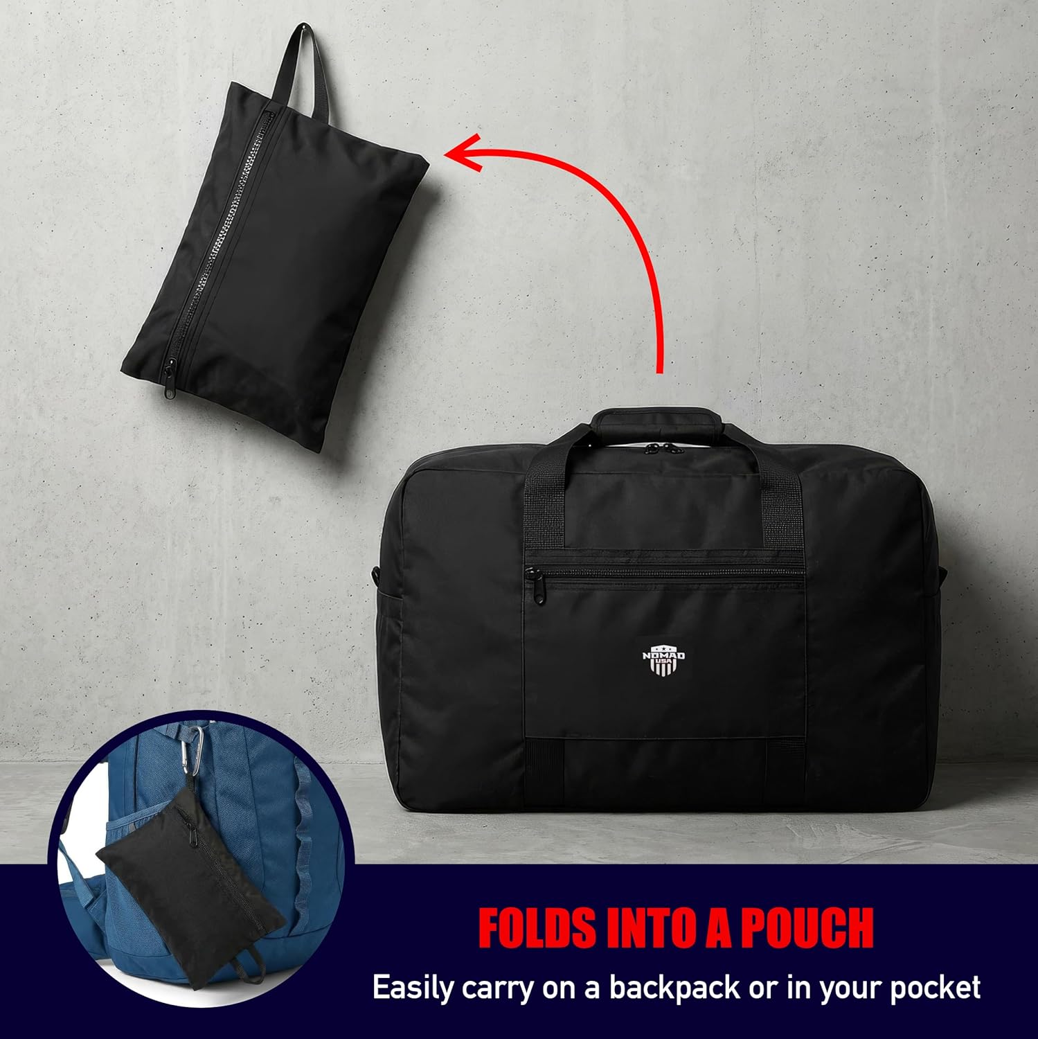 Nomad USA Foldable Travel Bag, Ultra Compact, Lightweight Duffle Bag, Reflective, Features Side Mesh Pockets with Quick-Disconnect D-Ring (Black, 40L) - Image 4