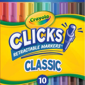 Crayola Clicks Retractable Tip Markers (10ct), Stocking Stuffers for Kids & Toddlers, Cone Tip Washable Art Marker Set, Coloring Book Supplies, No Dry, 3+
