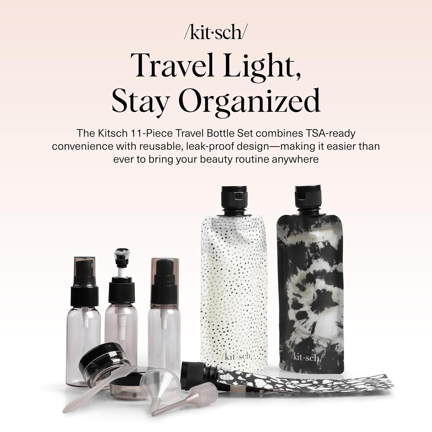 Kitsch 11 PCS Travel Bottles for Toiletries – Travel Essentials Kit for Shampoo, Conditioner, Lotion & More - TSA Approved Travel Bottles, Leak-Proof Refillable Travel Size Containers - Black & Ivory - Image 2