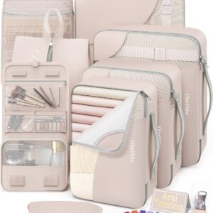10 Set/8 Set Packing Cubes for Travel, Gifts for Women Mom,Anti-Tearing Suitcase Organizer for Luggage with Shoe & Hanging Toiletry Bag,OlarHike Vacation Essentials & Accessories for Cruise Ship,Cream