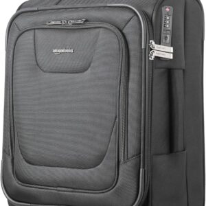 Amazon Basics 20" Luggage, Softside Suitcase With TSA Lock, 8 Spinner Wheels, Front Exterior Pocket, 3 Interior Pockets For Dry and Damp Clothes/Towels Separately, Black