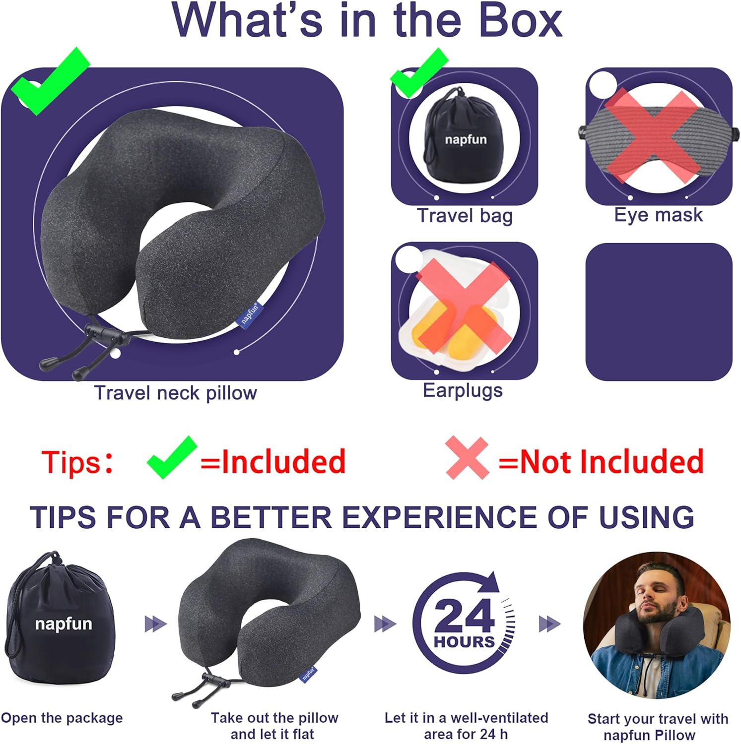 napfun Neck Pillow for Traveling, Upgraded Travel Neck Pillow for Airplane 100% Pure Memory Foam Travel Pillow for Flight Headrest Sleep, Portable Plane Accessories, Simple Sets (Optional), Full Black - Image 6