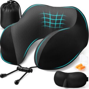 Travel Pillow, Travel Pillows for Sleeping Airplane, Removable Cover Neck Pillow with Adjustable Clasp, Memory Foam Neck Pillow Set with Eye Mask, Earplugs and Storage Bag (Black)