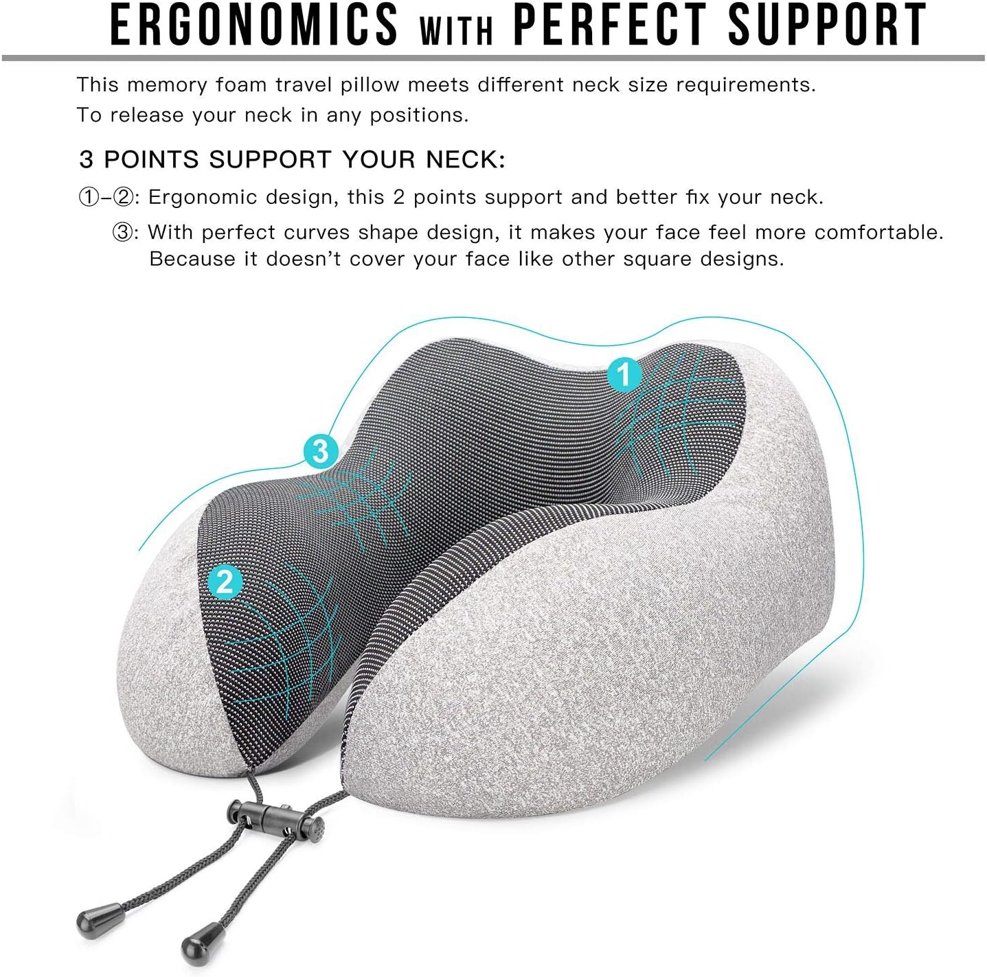 MLVOC Travel Pillow 100% Pure Memory Foam Neck Pillow, Comfortable & Breathable Cover, Machine Washable, Airplane Travel Kit with 3D Sleep Mask, Earplugs, and Luxury Bag,Standard (Grey) - Image 2