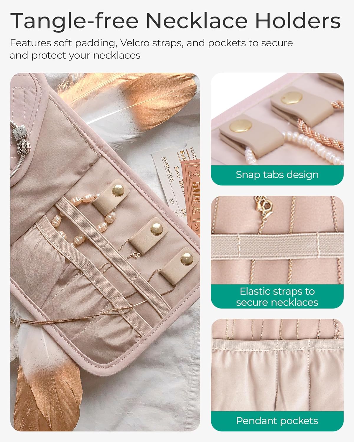 BAGSMART Travel Jewelry Organizer Case Foldable Small Jewelry Roll for Journey Rings, Necklaces, Earrings, Bracelets,Mini,Soft Pink - Image 4