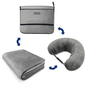 3-in-1 Travel Pillow Blanket Set - Soft Flannel Convertible Pillow, Blanket & Neck Pillow with Backpack Clip | Compact Travel Essentials for Airplane, Car, Office, Grey